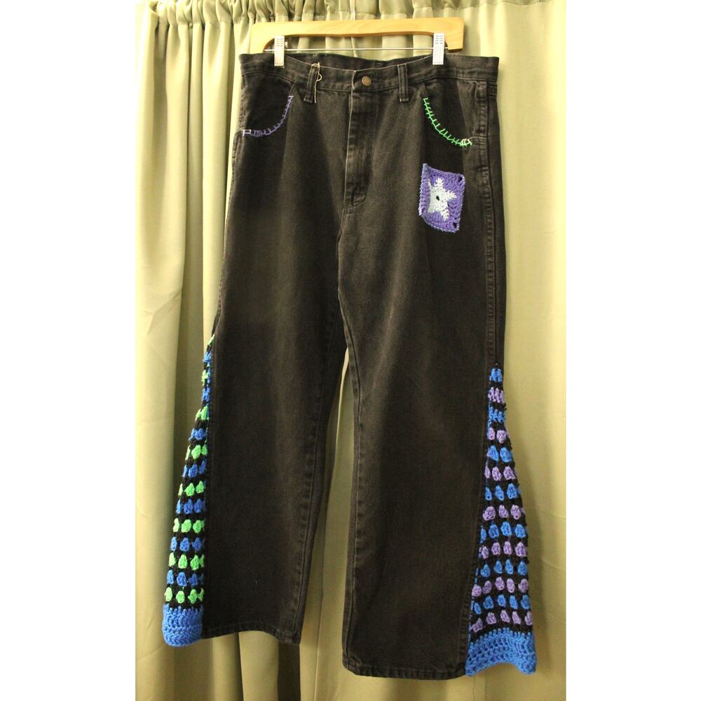 Black Denim Cutout Flare Wide Leg Jeans- 36" Waist- Crochet Upcycled Rustler